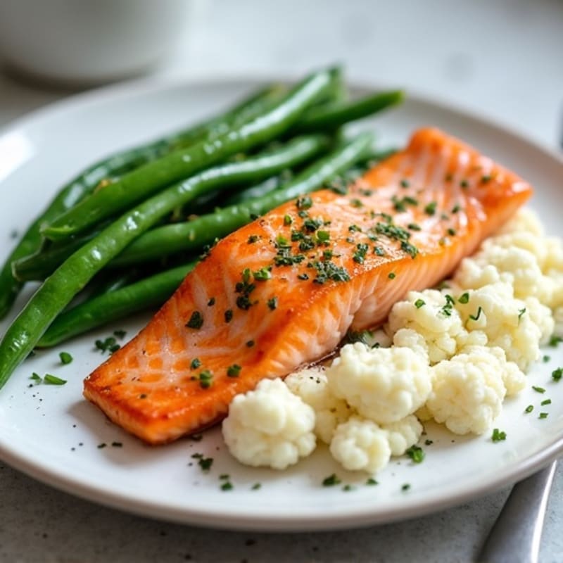 Seared Salmon Fillet with Steamed Green Beans and Garlic Mashed Cauliflower