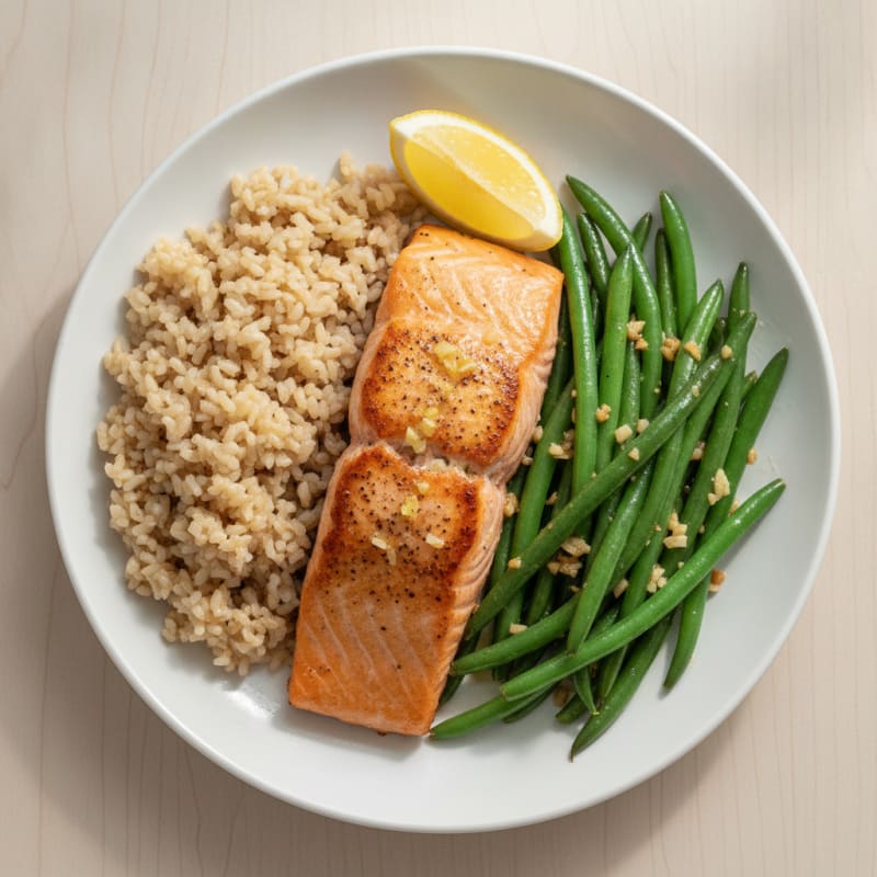 Seared Salmon Fillet with Garlic Green Beans and Brown Rice