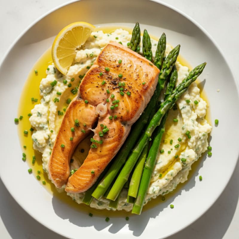 Seared Salmon Fillet with Steamed Asparagus and Herb Cauliflower Mash