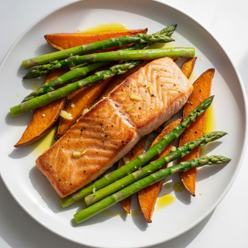 Seared Salmon with Roasted Sweet Potato and Asparagus