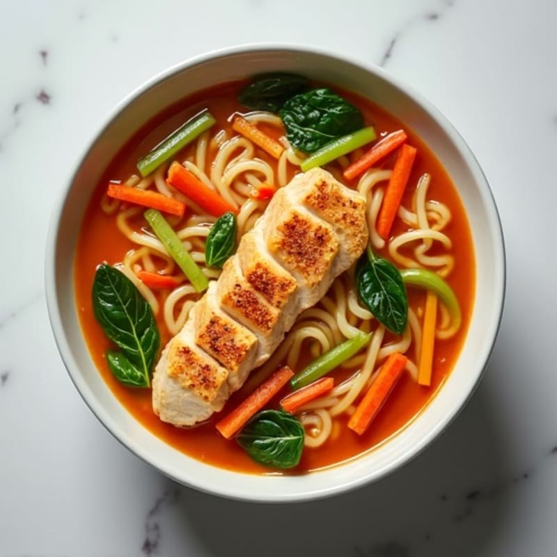 Healthy Spicy Sriracha Chicken Noodle Soup with Fresh Vegetables