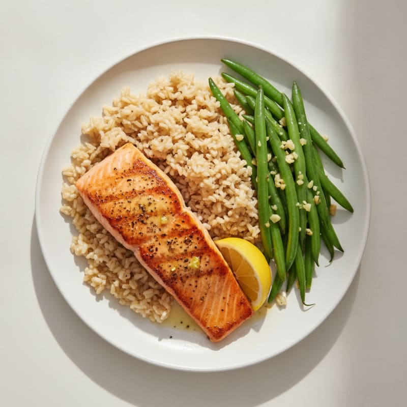 Seared Salmon with Garlic Green Beans and Brown Rice