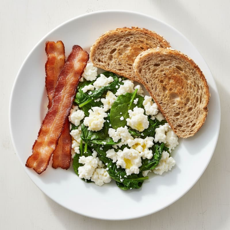 Egg White Spinach Scramble with Cottage Cheese and Turkey Bacon
