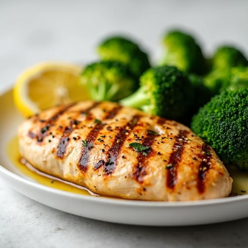 Grilled Chicken Breast with Steamed Broccoli and Lemon