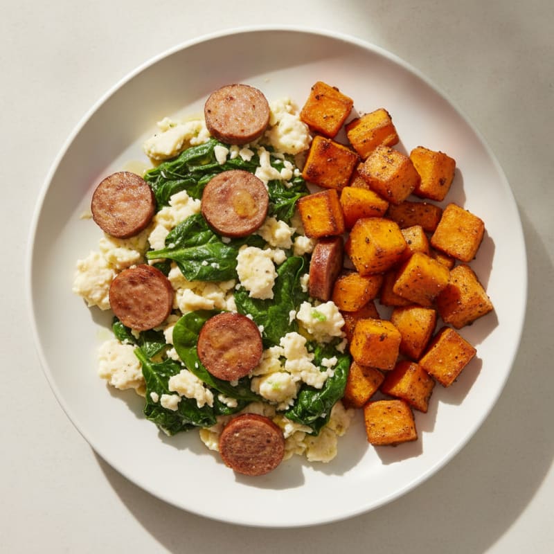 Egg White Spinach Scramble with Turkey Sausage and Roasted Sweet Potato