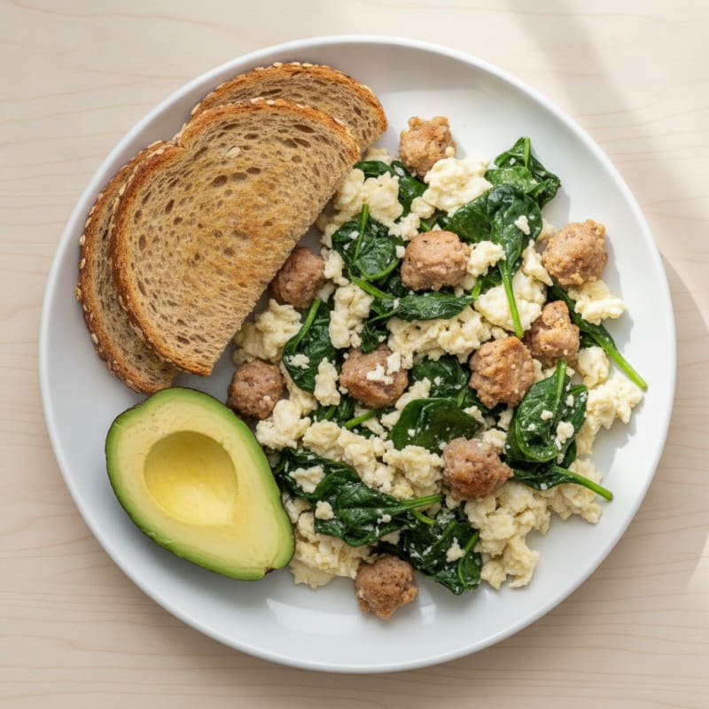 Egg White Scramble with Turkey Sausage and Sautéed Spinach