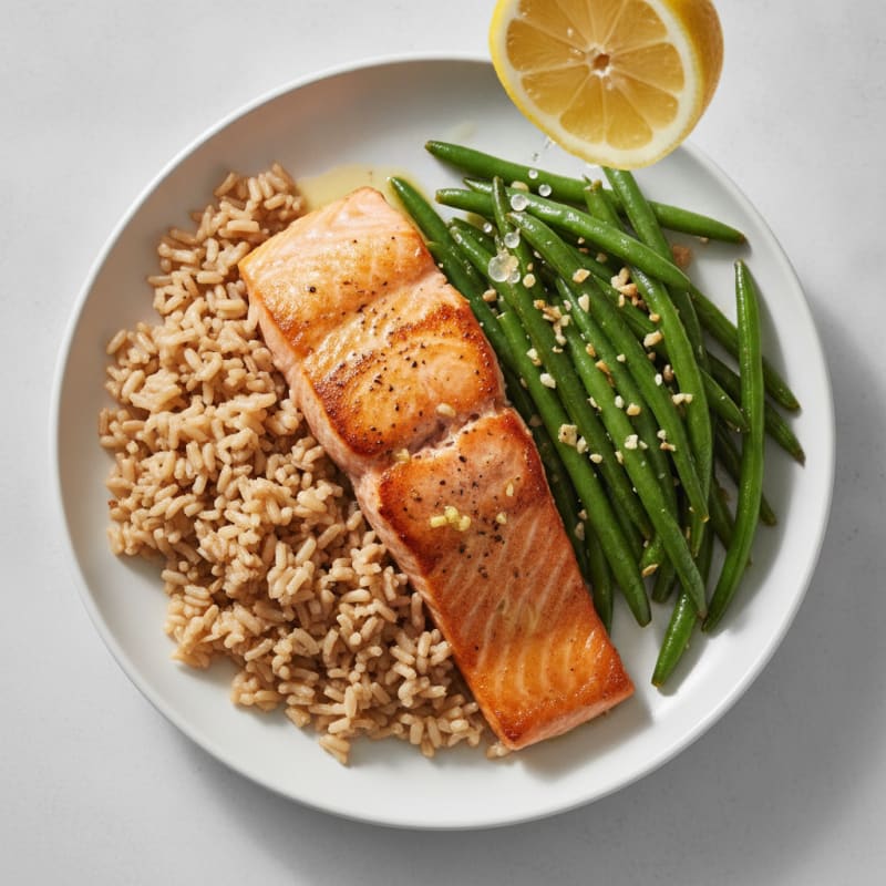 Seared Salmon Fillet with Garlic Green Beans and Brown Rice