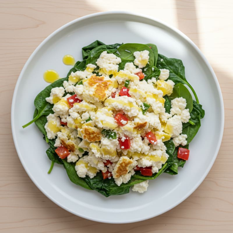 Cottage Cheese and Egg White Veggie Scramble with Sautéed Spinach