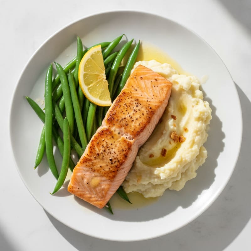 Seared Salmon with Steamed Green Beans and Garlic Mashed Cauliflower