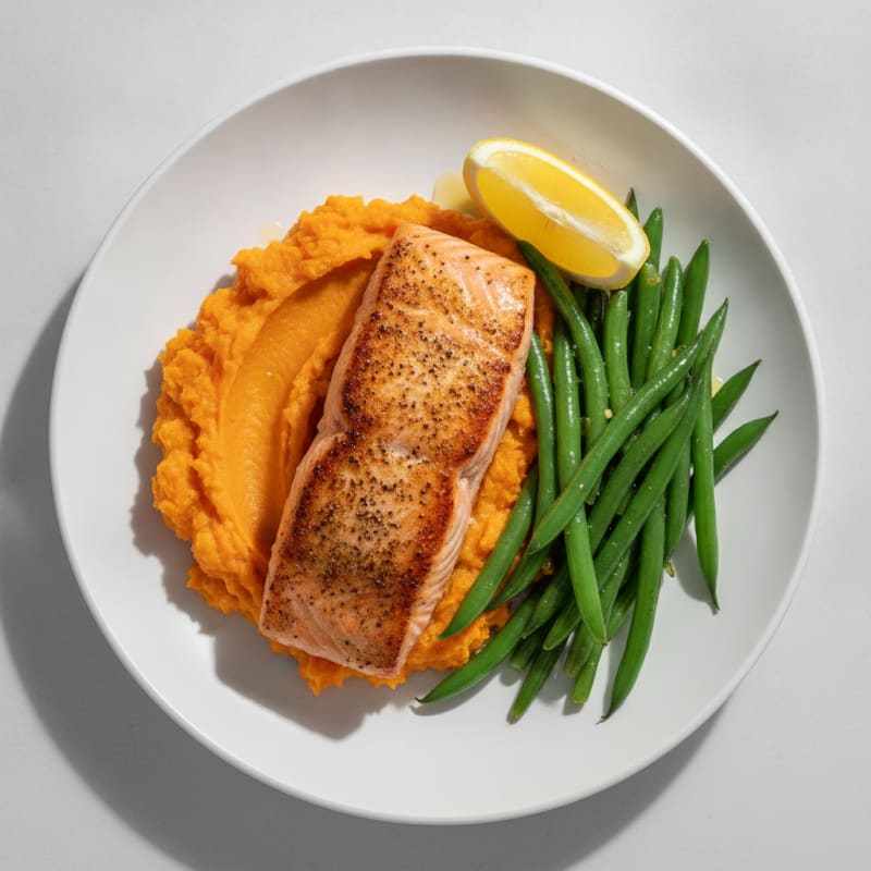 Seared Salmon Filet with Steamed Green Beans and Sweet Potato Mash