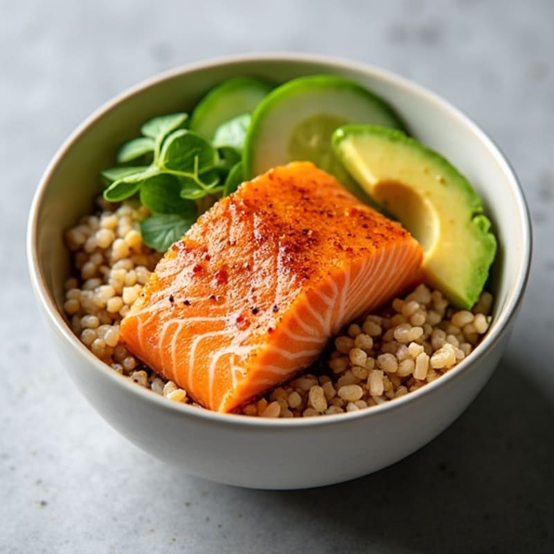 Fresh Salmon and Avocado Brown Rice Bowl with Sesame-Ginger Dressing