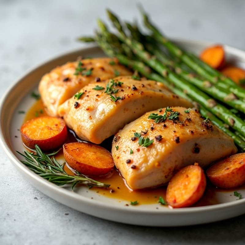 Crispy Lemon Herb Roasted Chicken with Roasted Asparagus and Sweet Potatoes