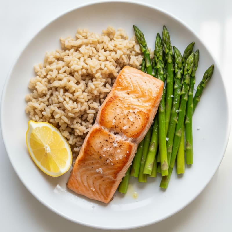Seared Salmon with Steamed Asparagus and Brown Rice