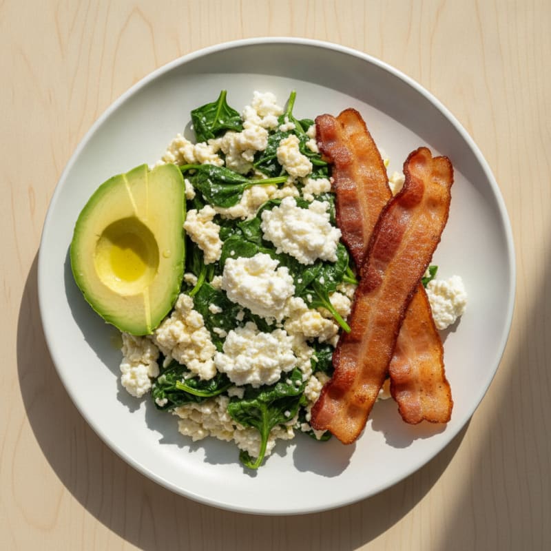 Egg White and Spinach Scramble with Cottage Cheese and Turkey Bacon