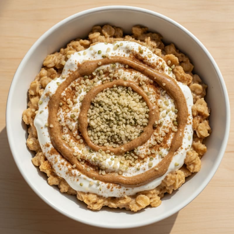Creamy Greek Yogurt Oatmeal with Hemp Seeds and Almond Butter