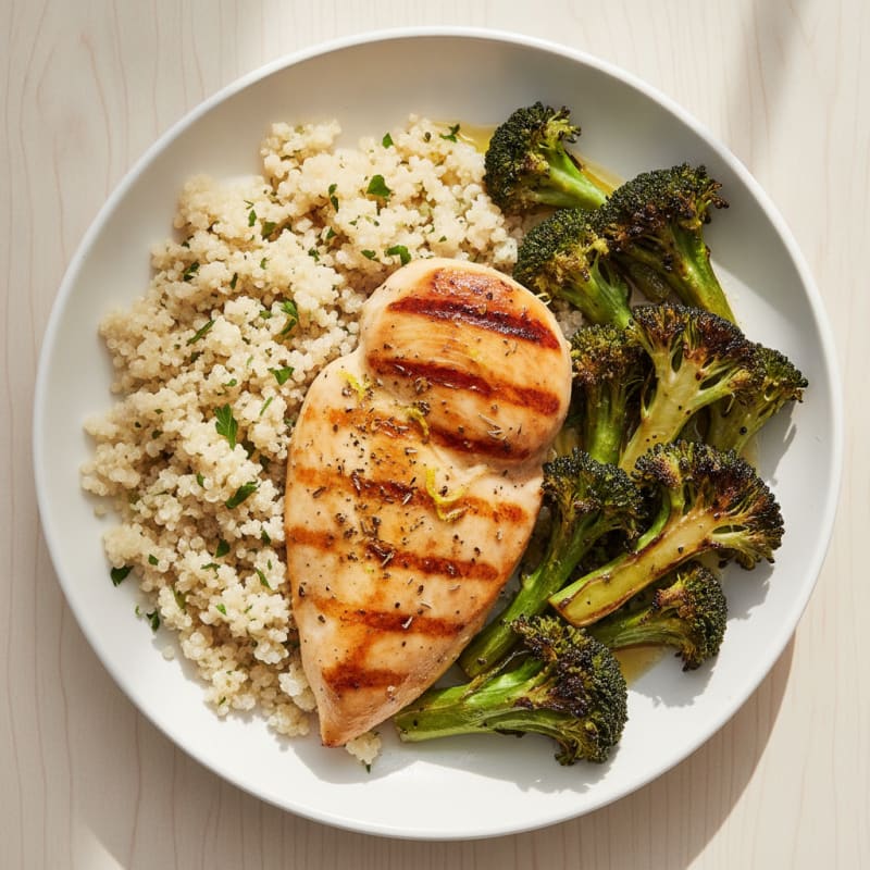 Grilled Chicken Breast with Roasted Broccoli and Quinoa