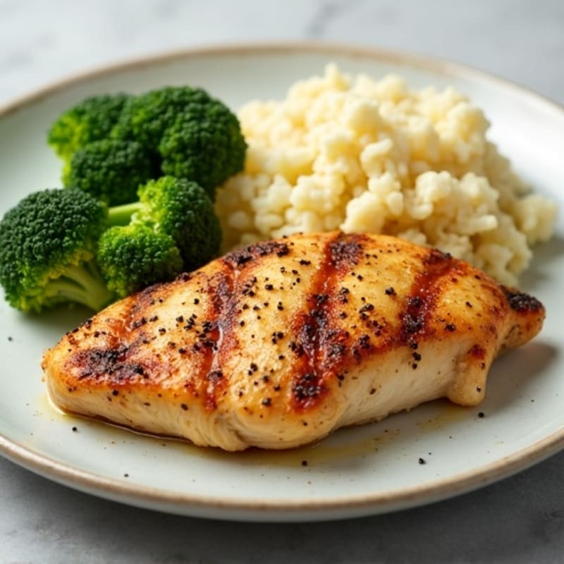 Oven-Baked Chicken with Steamed Broccoli and Cauliflower Rice