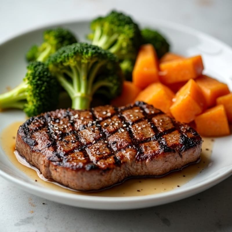 Grilled Steak with Roasted Sweet Potato and Broccoli