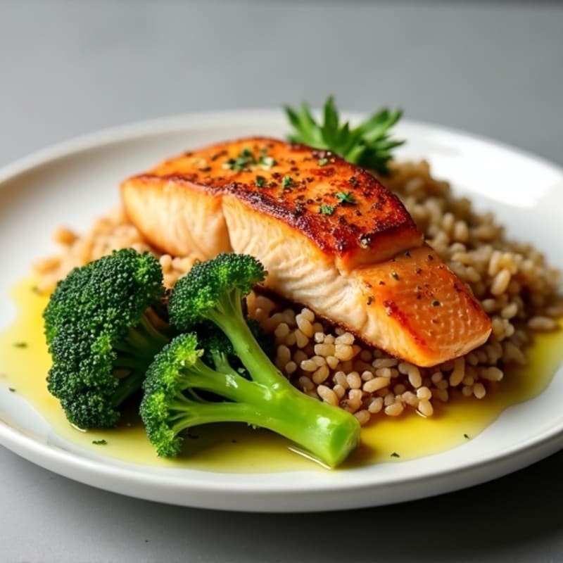 Seared Salmon with Steamed Broccoli and Brown Rice