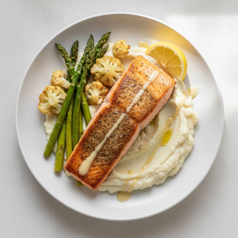 Seared Salmon with Roasted Asparagus and Cauliflower Mash