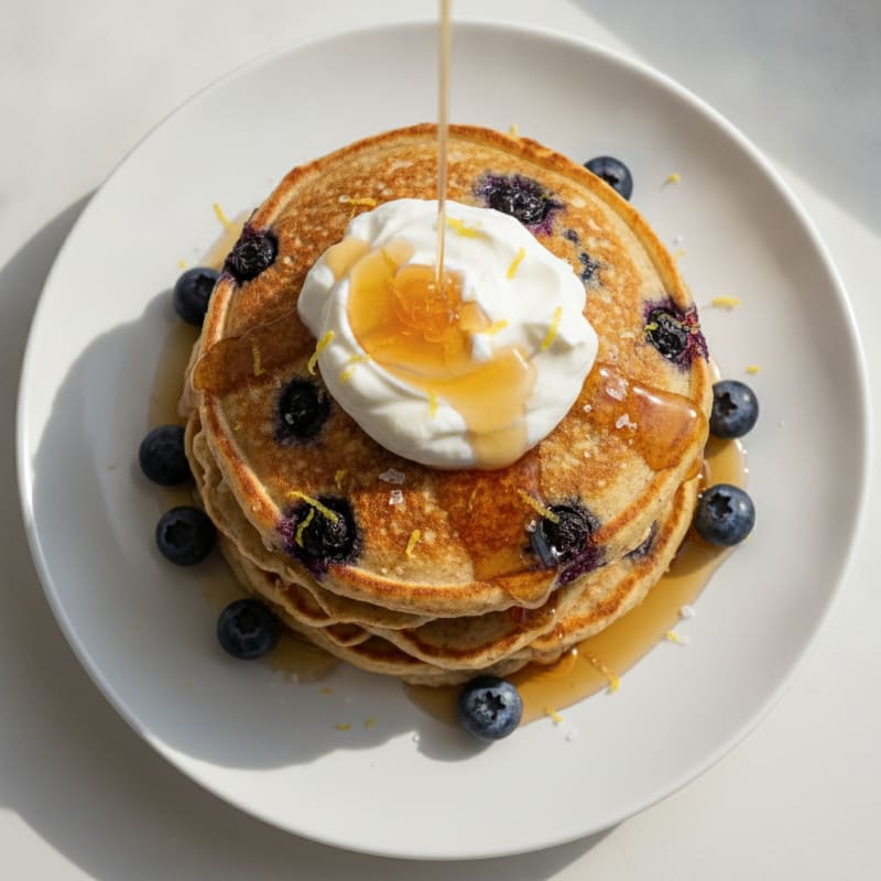 Blueberry Ricotta Pancakes with Maple Syrup