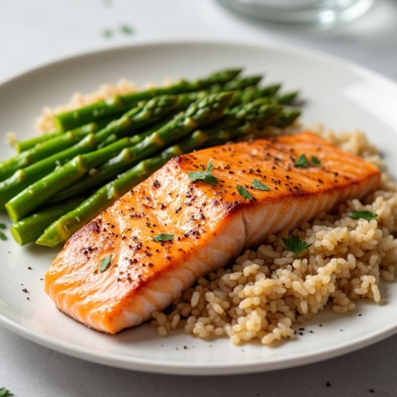 Seared Salmon Fillet with Steamed Asparagus and Brown Rice