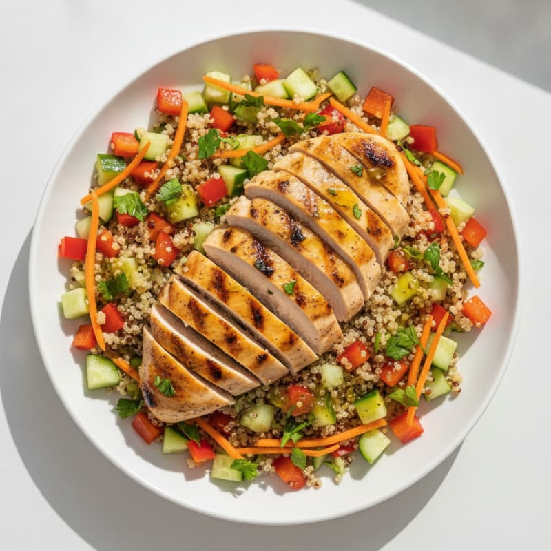 Grilled Chicken Breast Salad with Quinoa and Crunchy Vegetables
