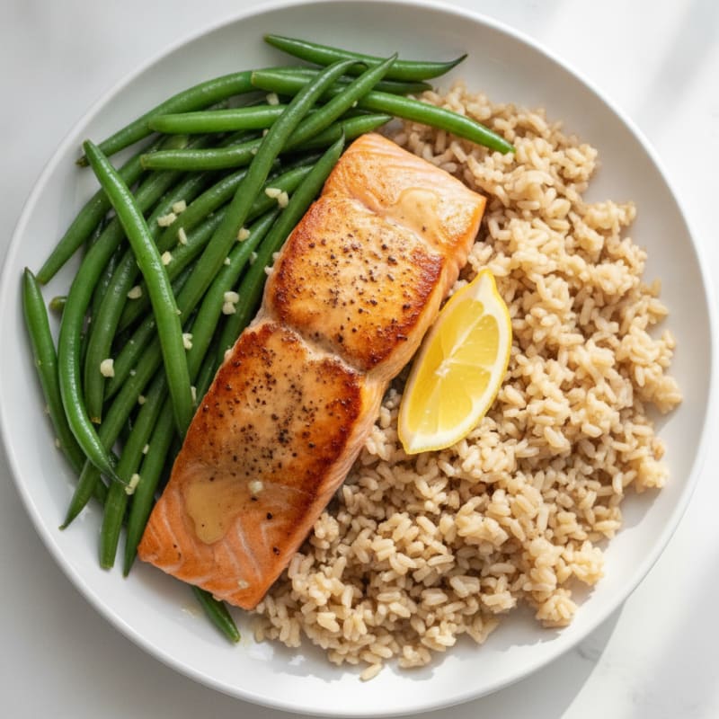 Seared Salmon with Garlic Green Beans and Brown Rice