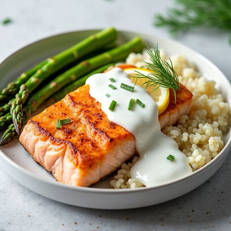 Seared Salmon Fillet with Steamed Asparagus and Cauliflower Rice