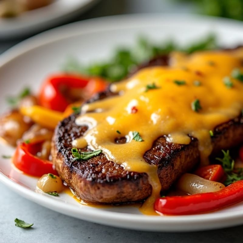 Cheesy Lean Sirloin Skillet with Sautéed Peppers and Onions