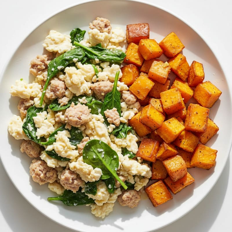 Egg White and Turkey Sausage Scramble with Spinach and Roasted Sweet Potato