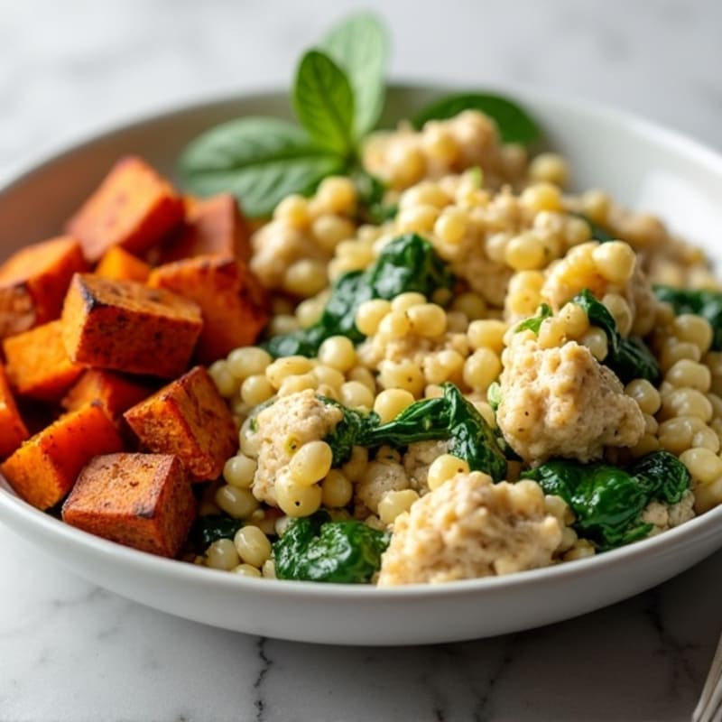 Egg White and Turkey Spinach Scramble with Roasted Sweet Potato