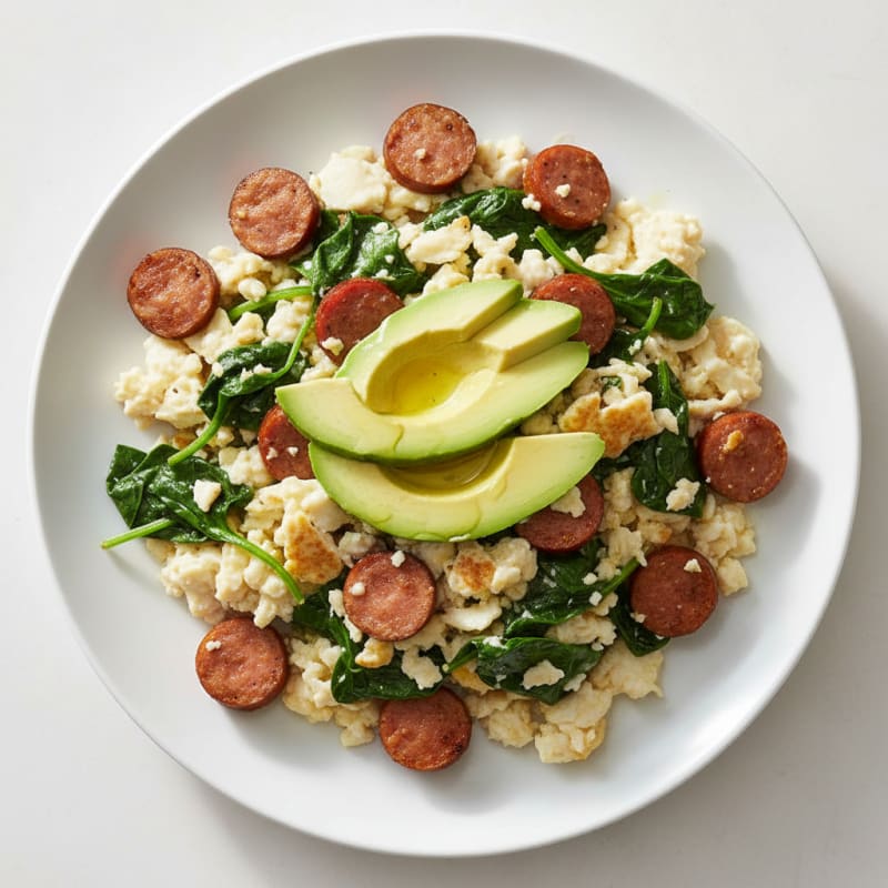 Egg White Scramble with Turkey Sausage and Sautéed Spinach