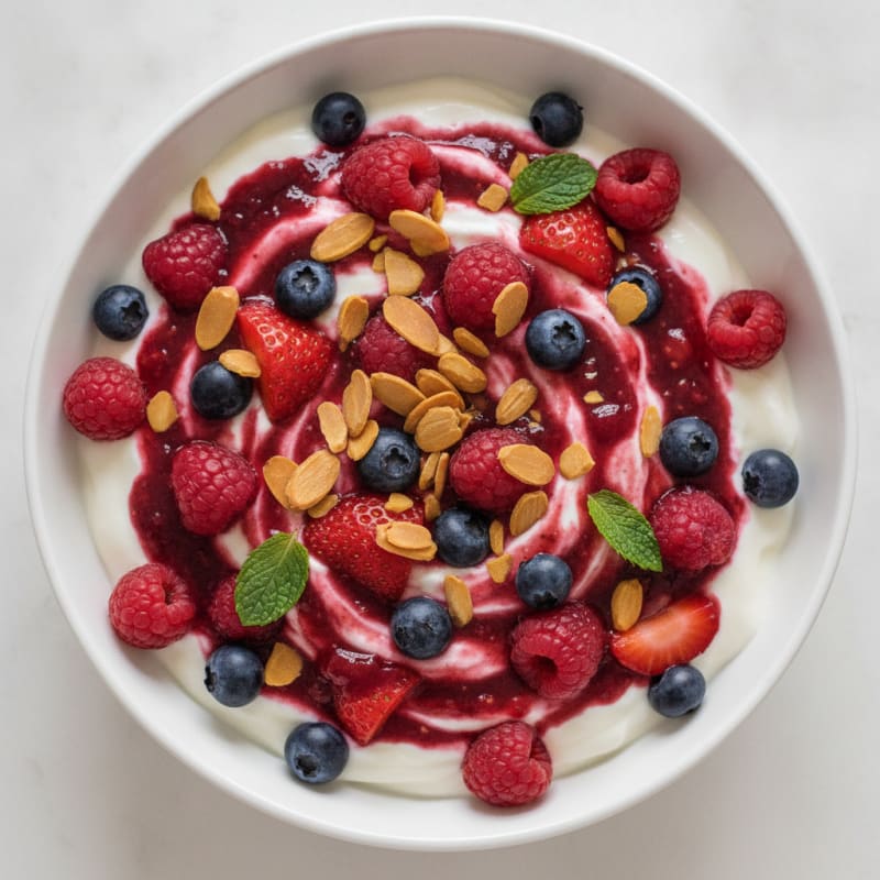 Greek Yogurt Protein Parfait with Mixed Berries and Almonds