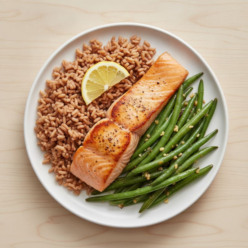 Seared Salmon with Garlic Green Beans and Brown Rice