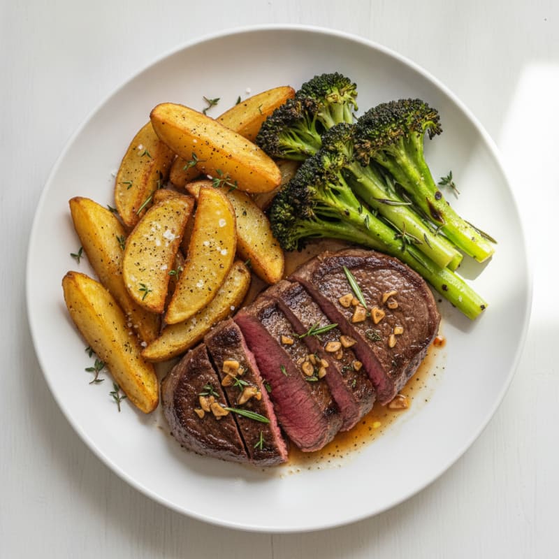 Garlic-Herb Steak with Roasted Potatoes and Broccoli