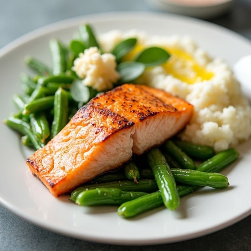 Seared Salmon with Steamed Green Beans and Cauliflower Mash