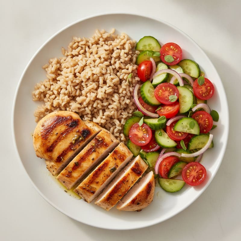 Grilled Chicken Breast with Brown Rice and Cucumber Tomato Salad