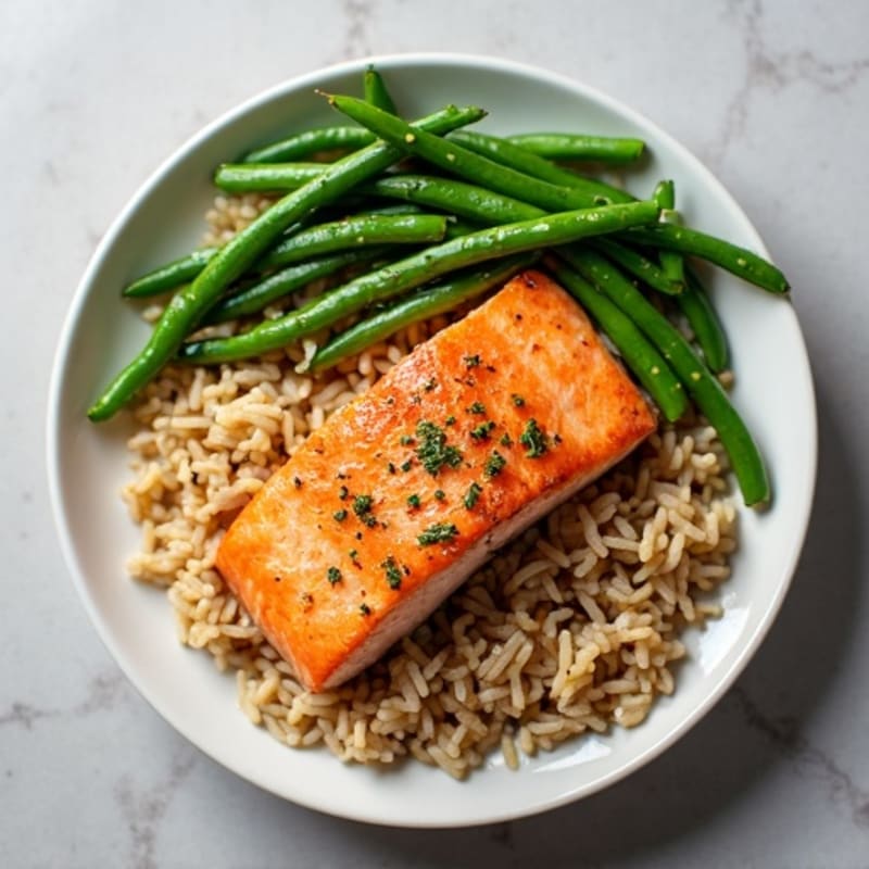 Seared Salmon with Garlic Green Beans and Brown Rice