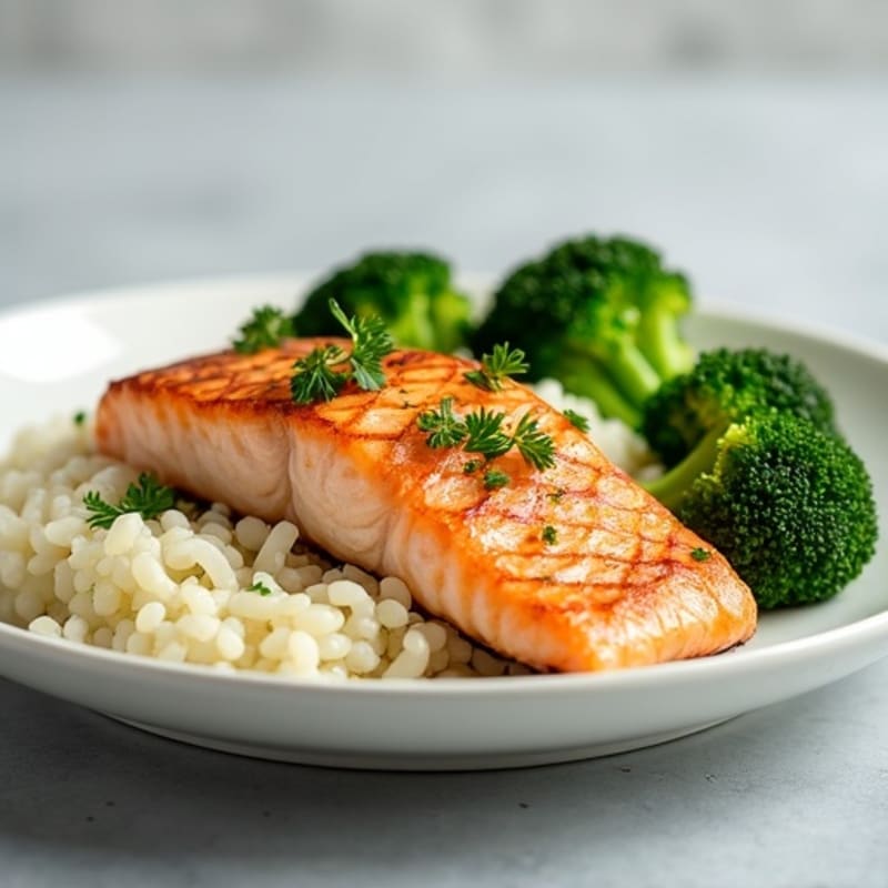 Seared Salmon with Steamed Broccoli and Cauliflower Rice