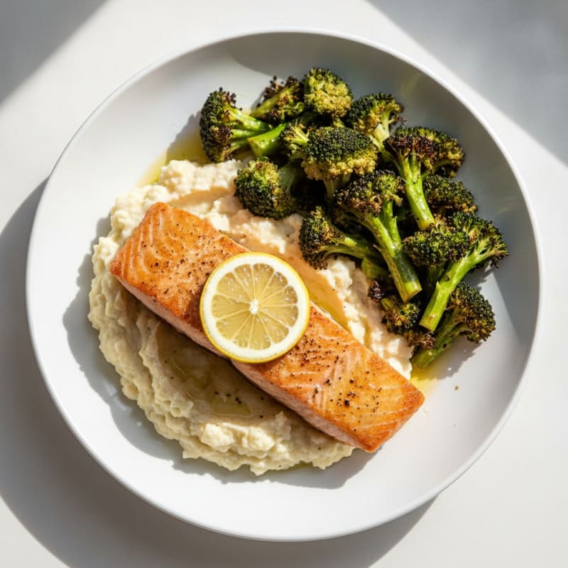 Seared Salmon with Roasted Broccoli and Garlic Mash