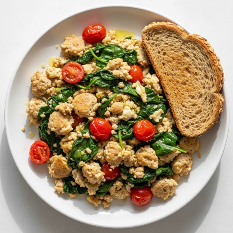 Egg White and Turkey Sausage Scramble with Spinach and Tomatoes