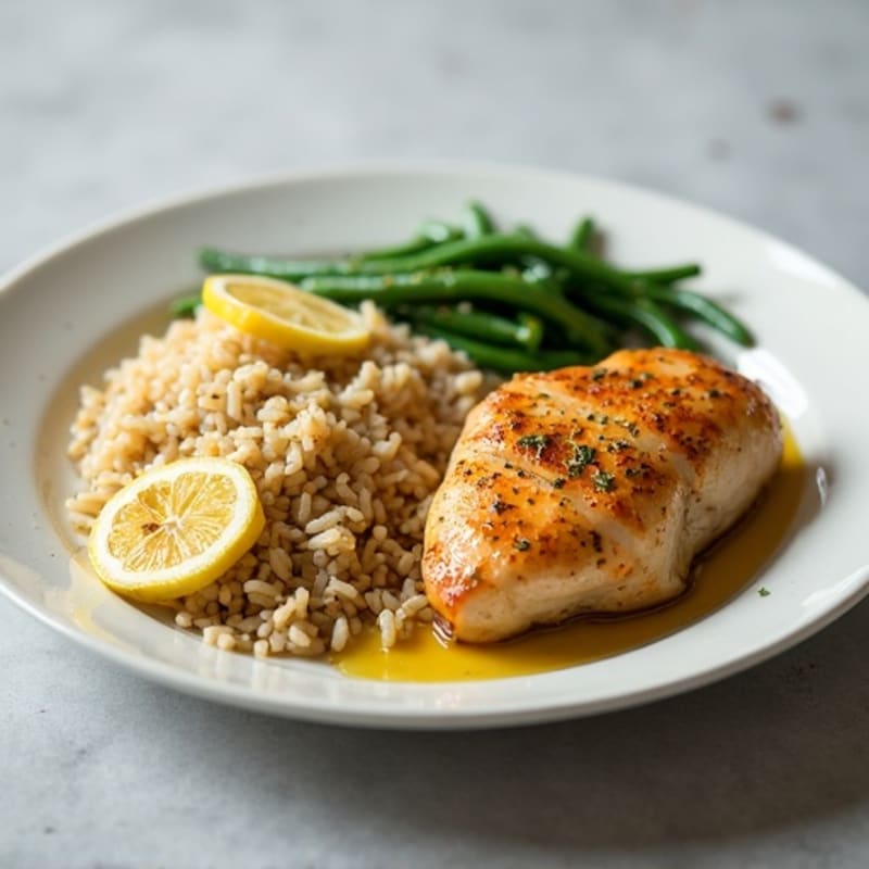 Lemon Garlic Roasted Chicken with Fluffy Brown Rice and Crispy Green Beans