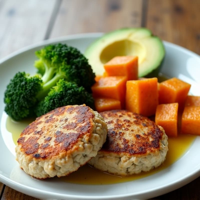 Seared Turkey Patties with Roasted Sweet Potatoes and Steamed Broccoli
