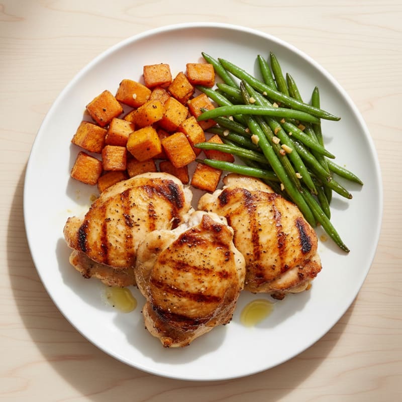 Grilled Chicken Thighs with Roasted Sweet Potatoes and Garlic Green Beans