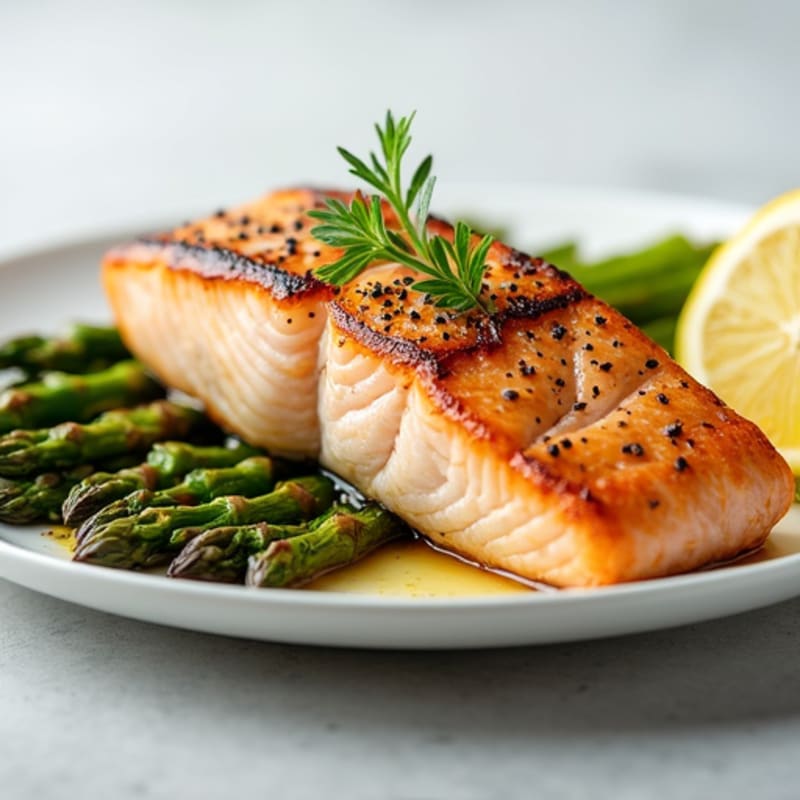 Seared Salmon with Roasted Asparagus and Lemon