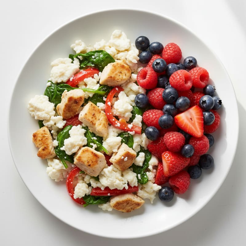 Egg White and Chicken Veggie Scramble with Fresh Berries