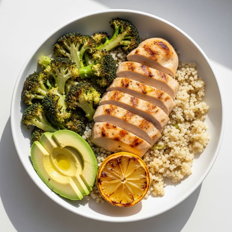 Grilled Chicken and Quinoa Bowl with Roasted Broccoli