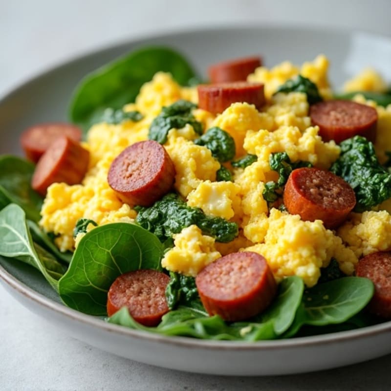 Fluffy Egg and Spinach Scramble with Turkey Sausage