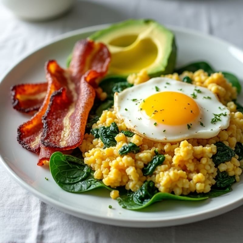 Egg White and Spinach Scramble with Grilled Turkey Bacon
